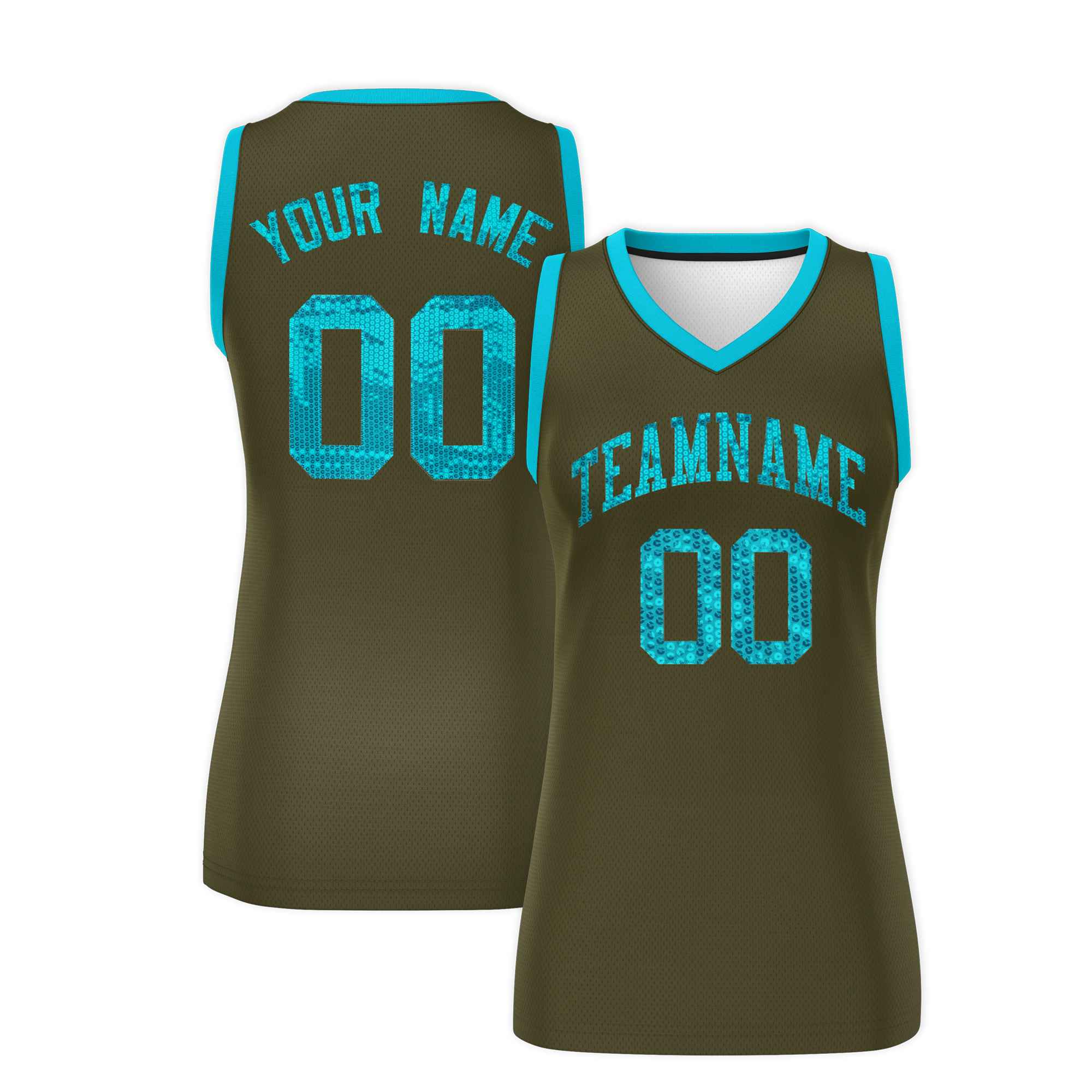 Custom Olive Sky Blue Women Basketball Jersey Sequined Dress