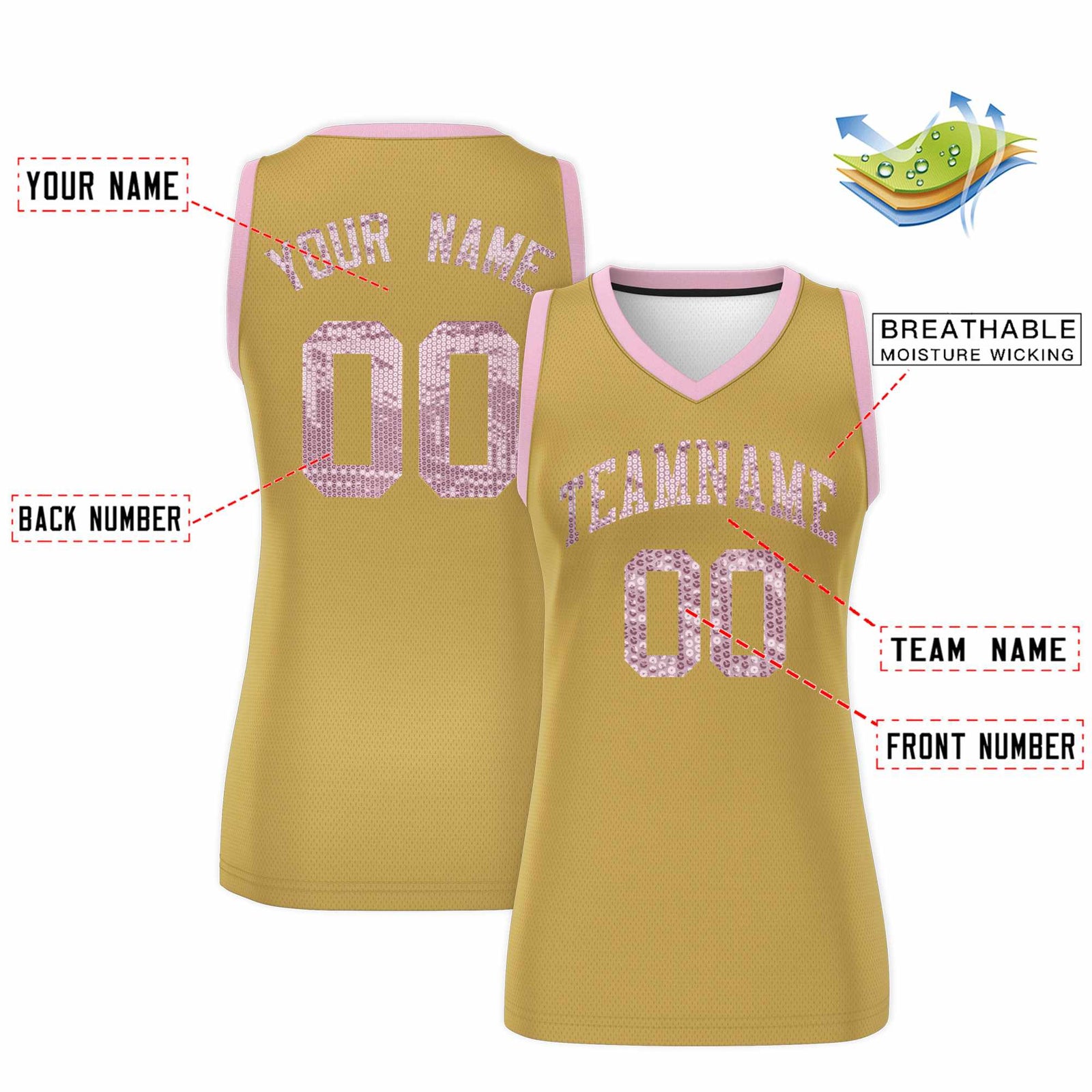 Custom Old Gold Light Pink Women Basketball Jersey Sequined Dress
