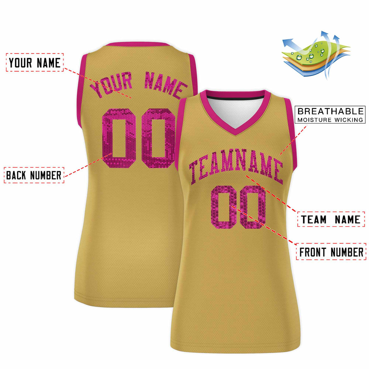 Custom Old Gold Pink Women Basketball Jersey Sequined Dress