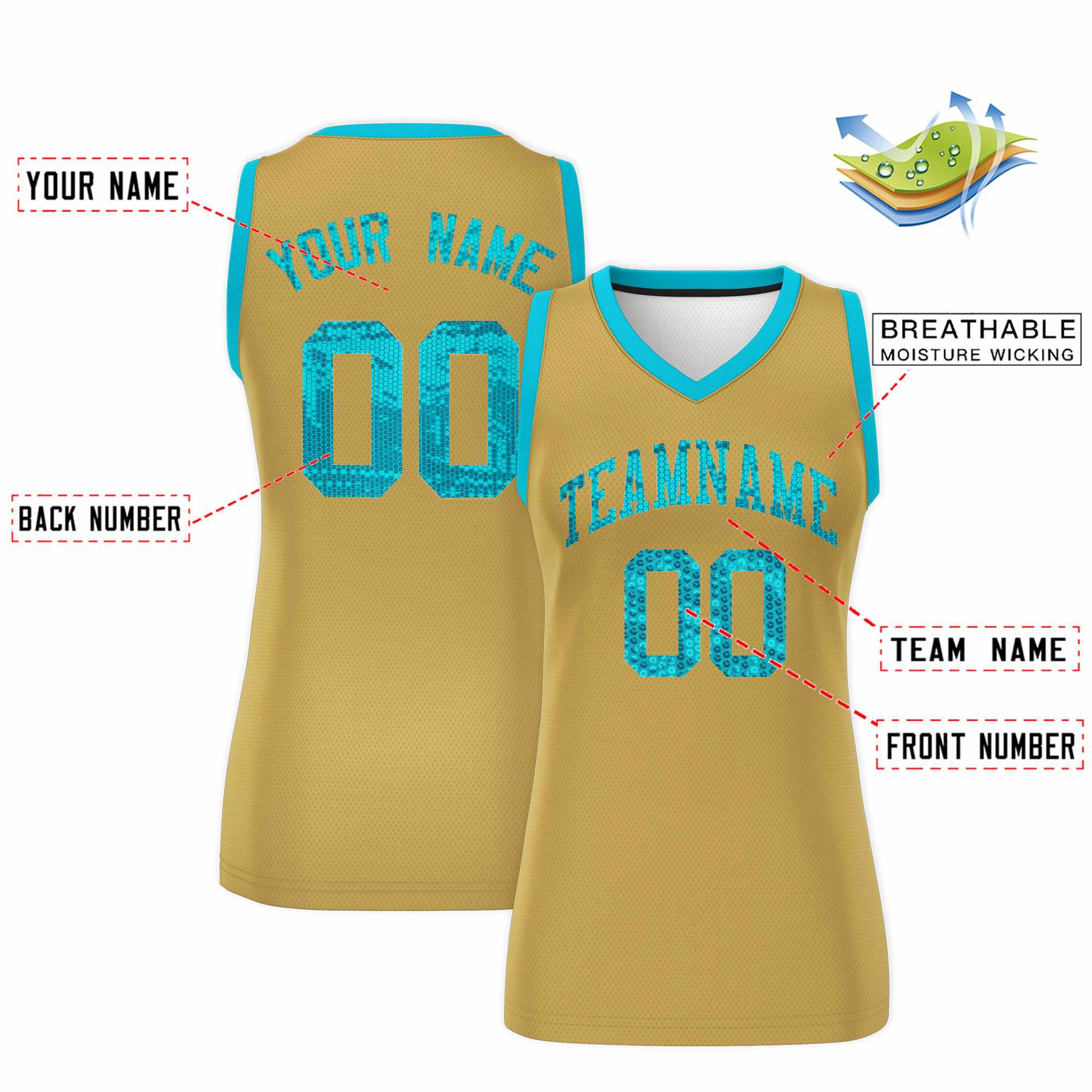 Custom Old Gold Sky Blue Women Basketball Jersey Sequined Dress