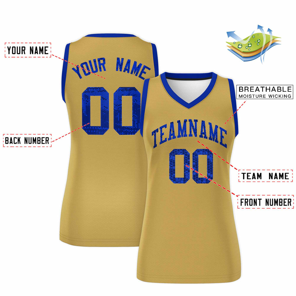 Custom Old Gold Royal Women Basketball Jersey Sequined Dress
