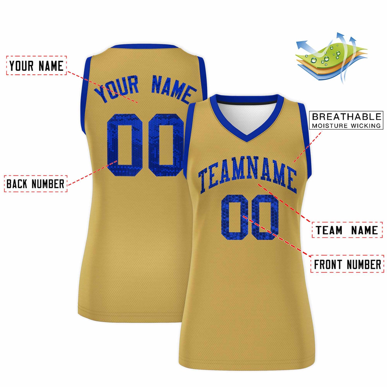 Custom Old Gold Royal Women Basketball Jersey Sequined Dress