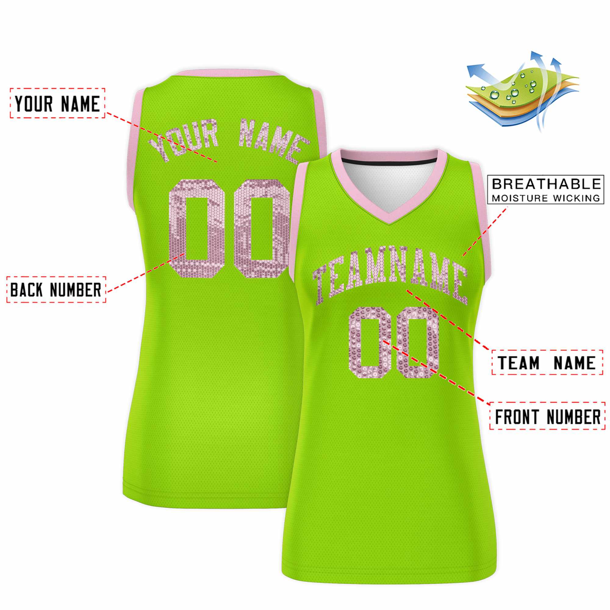 Custom Neon Green Light Pink Women Basketball Jersey Sequined Dress