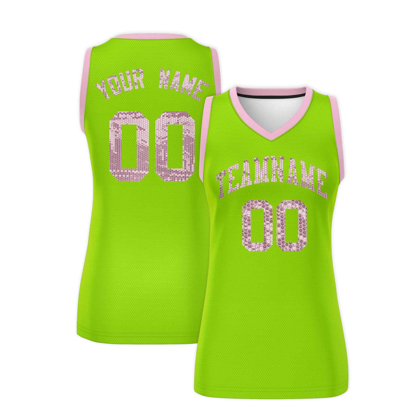 Custom Neon Green Light Pink Women Basketball Jersey Sequined Dress