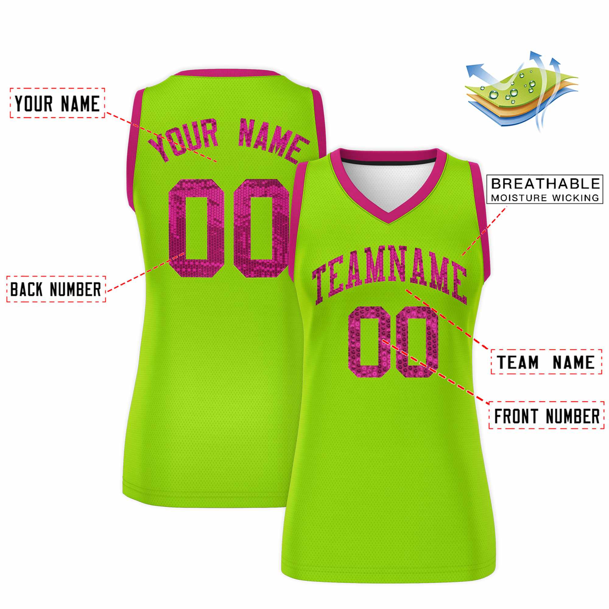 Custom Neon Green Pink Women Basketball Jersey Sequined Dress