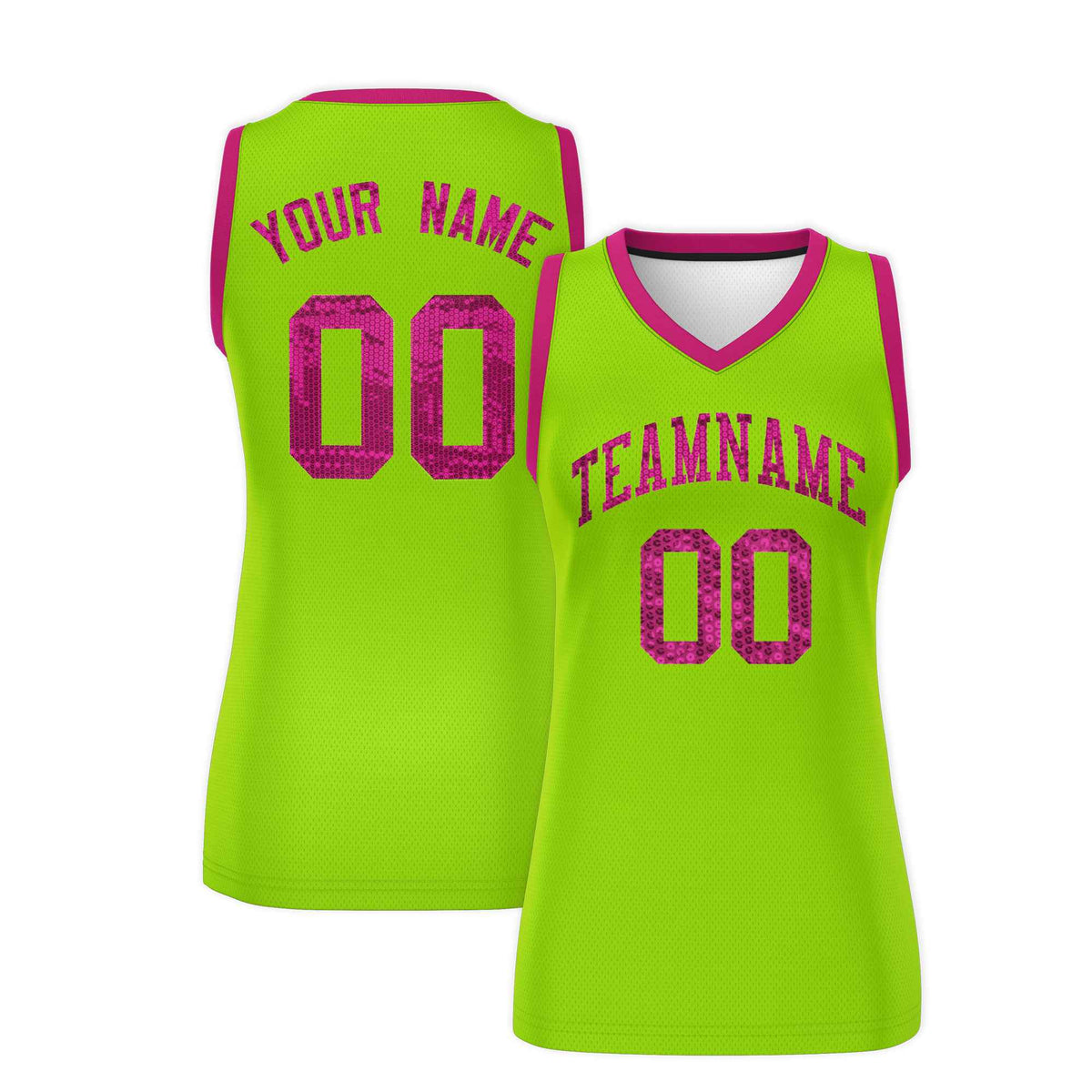 Custom Neon Green Pink Women Basketball Jersey Sequined Dress