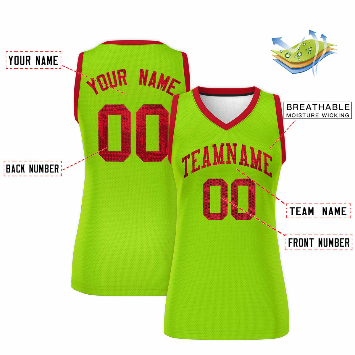 Custom Neon Green Red Women Basketball Jersey Sequined Dress
