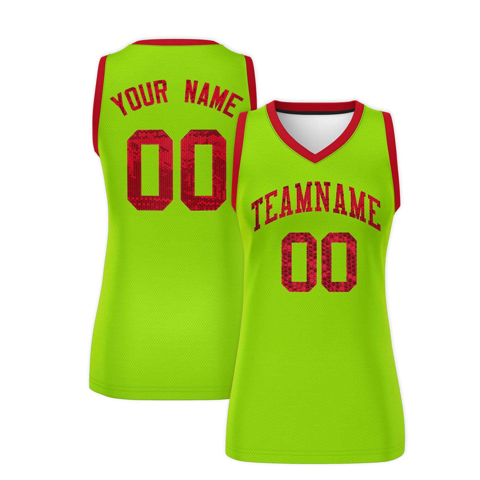 Custom Neon Green Red Women Basketball Jersey Sequined Dress