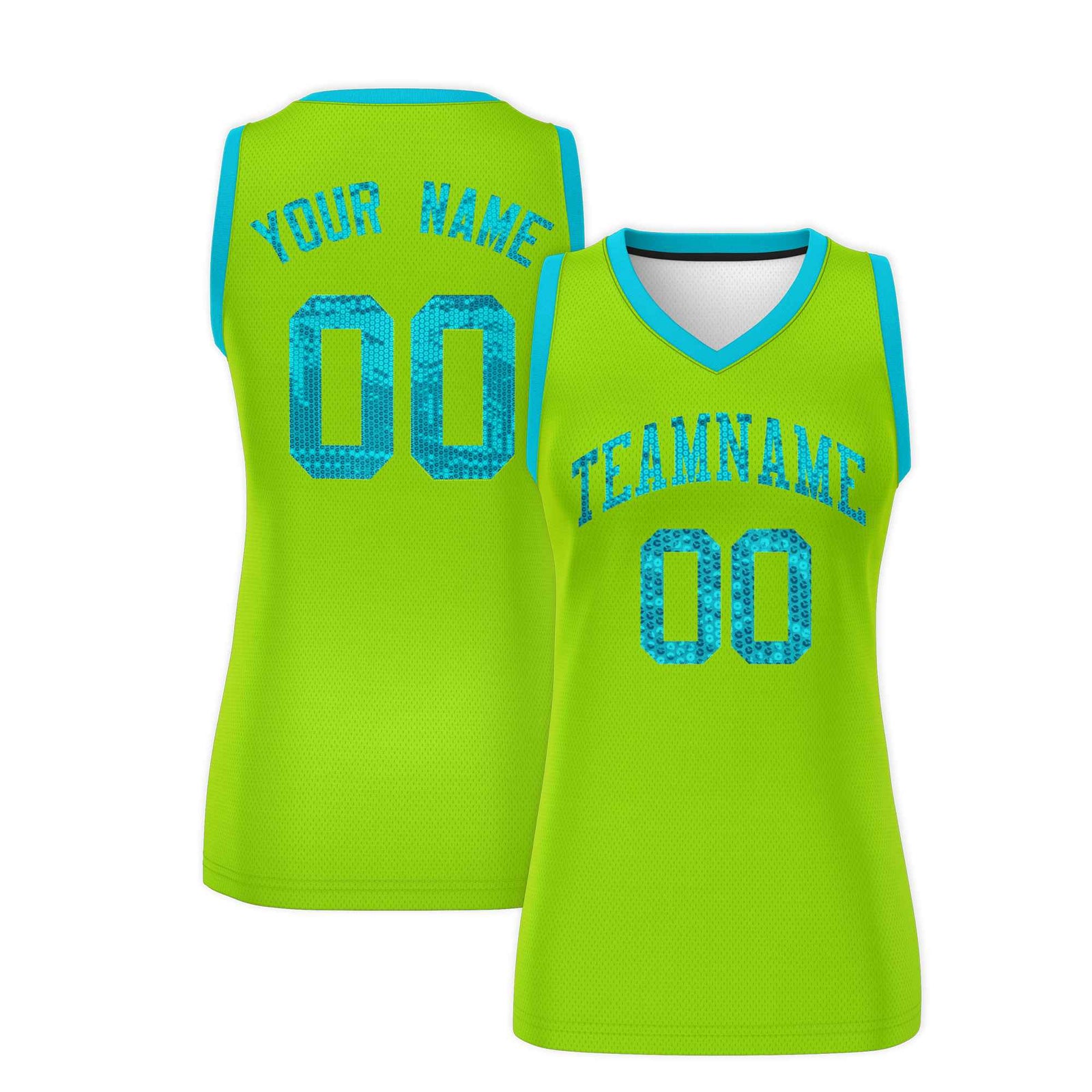 Custom Neon Green Sky Blue Women Basketball Jersey Sequined Dress