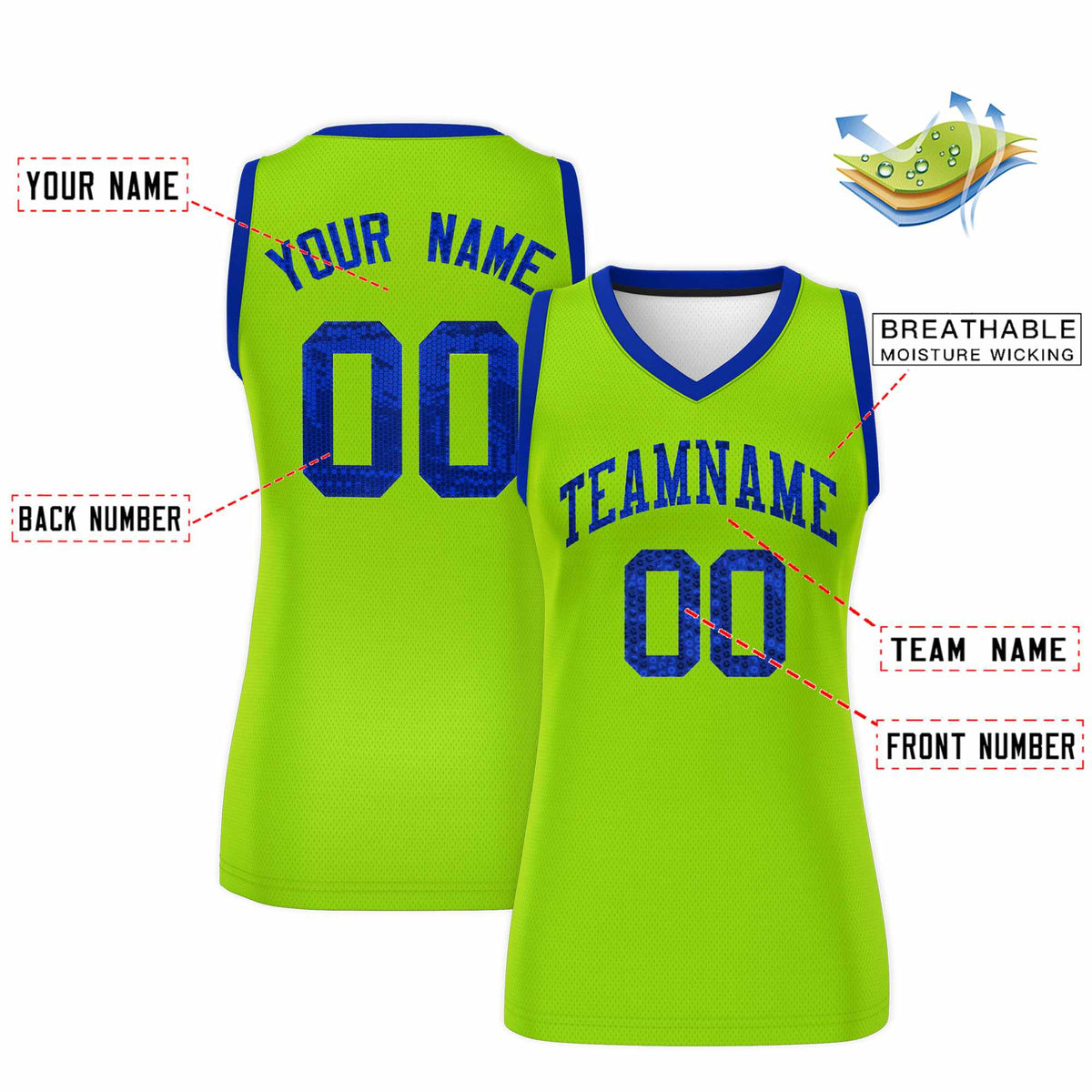 Custom Neon Green Royal Women Basketball Jersey Sequined Dress