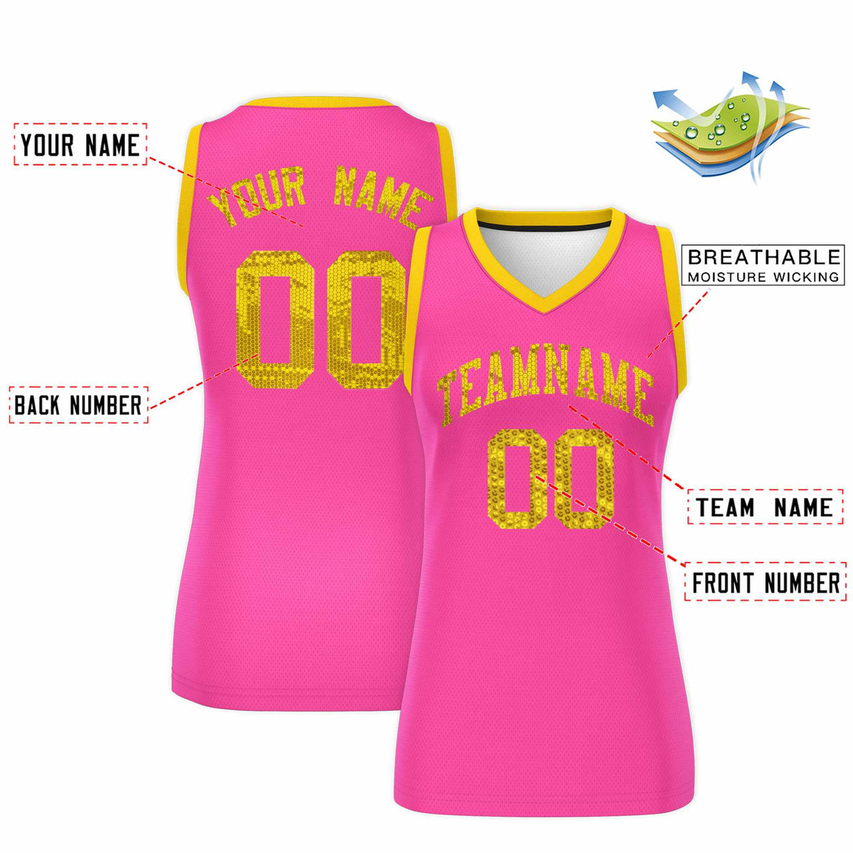 Custom Pink Gold Women Basketball Jersey Sequined Dress