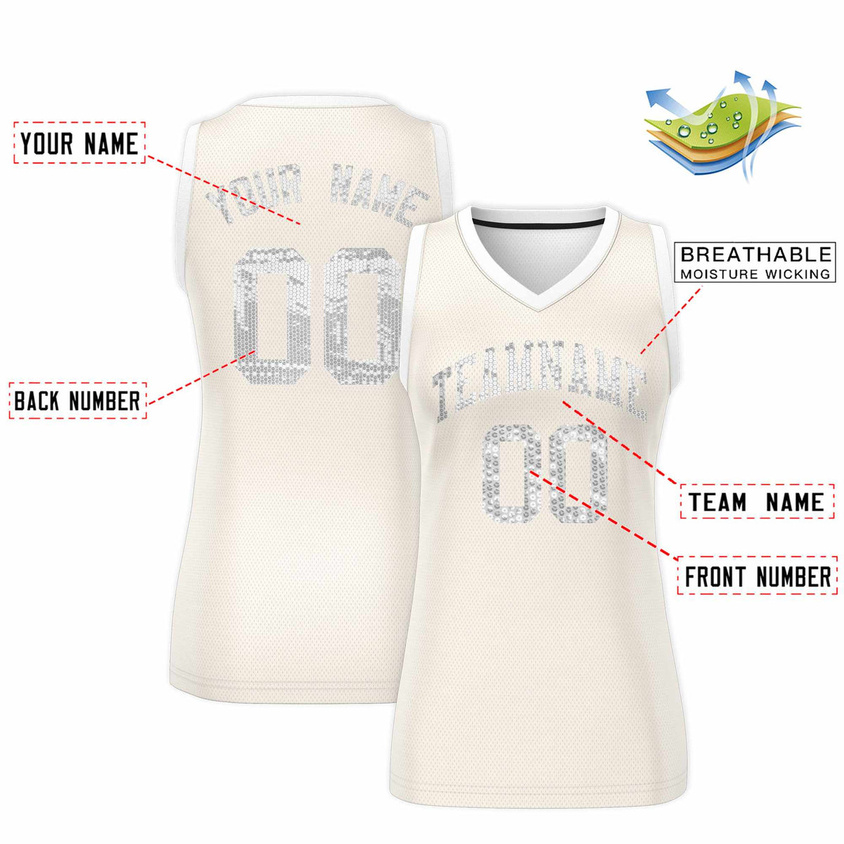 Custom Cream White Women Basketball Jersey Sequined Dress
