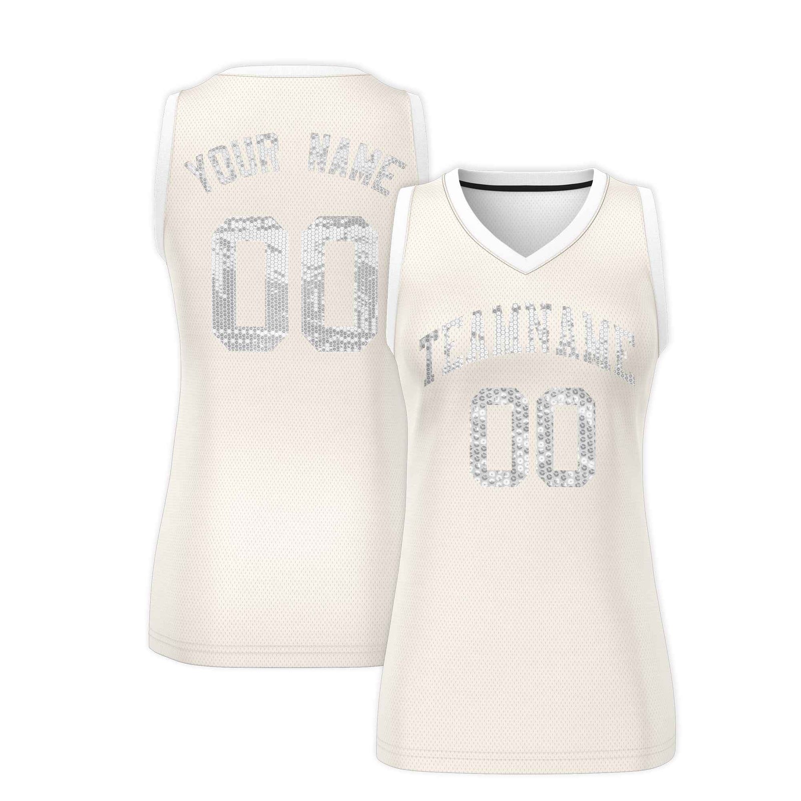 Custom Cream White Women Basketball Jersey Sequined Dress