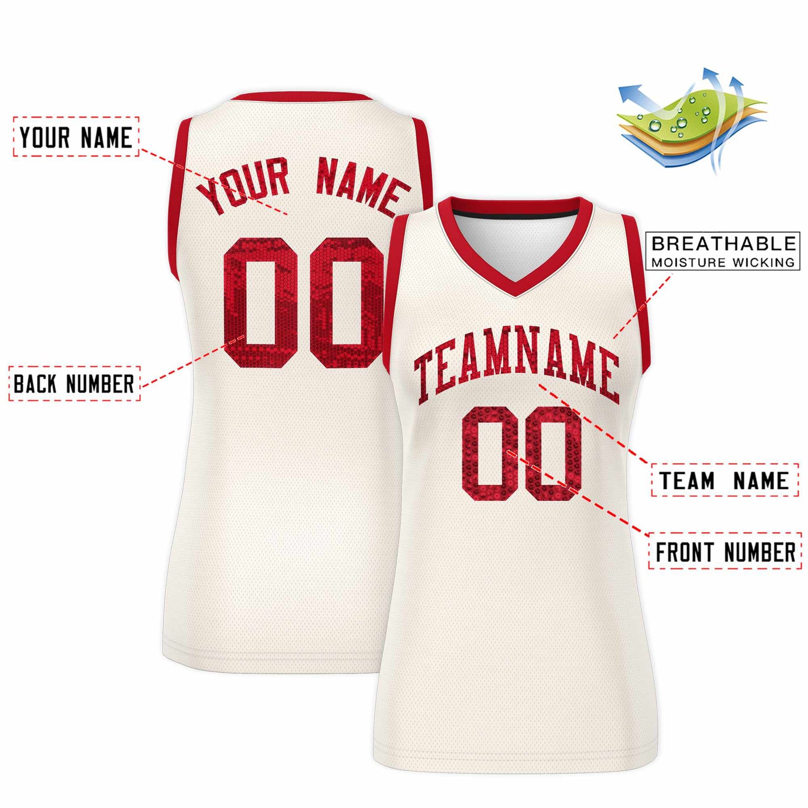 Custom Cream Red Women Basketball Jersey Sequined Dress
