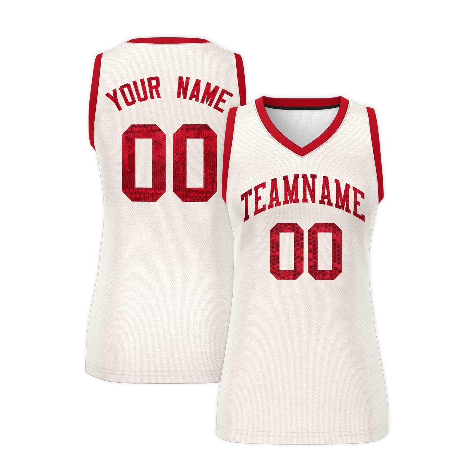 Custom Cream Red Women Basketball Jersey Sequined Dress