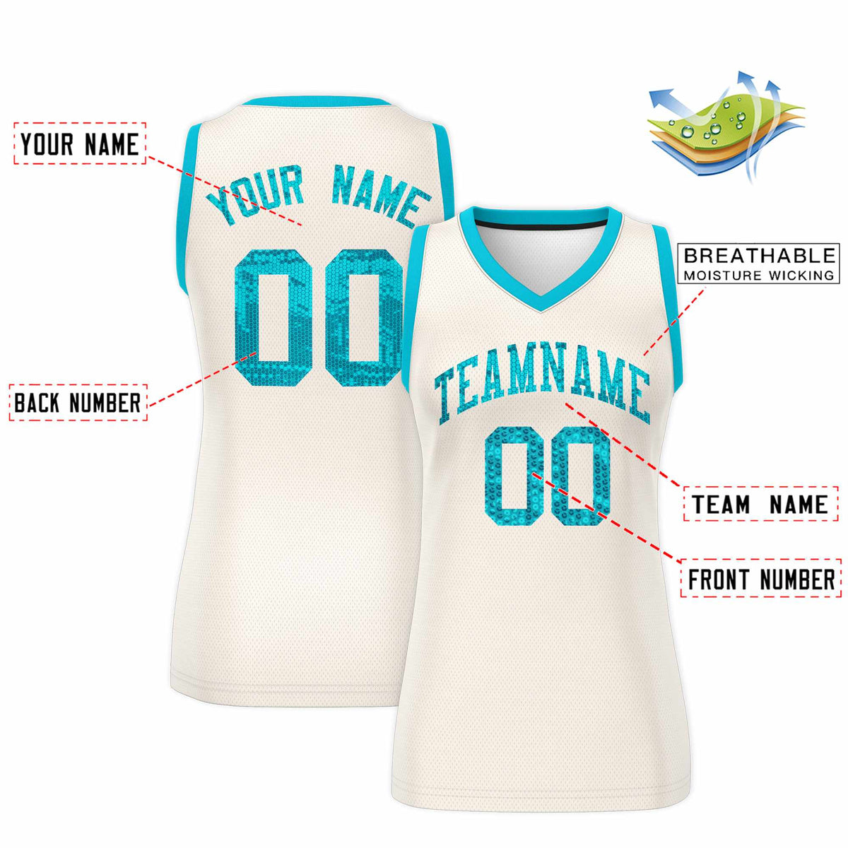 Custom Cream Sky Blue Women Basketball Jersey Sequined Dress