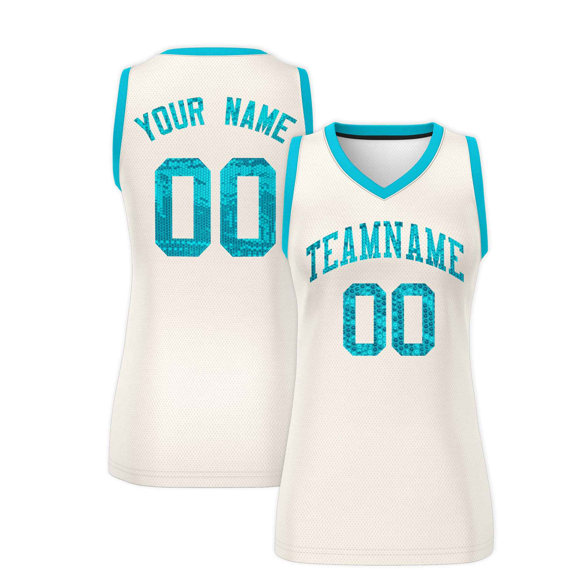 Custom Cream Sky Blue Women Basketball Jersey Sequined Dress