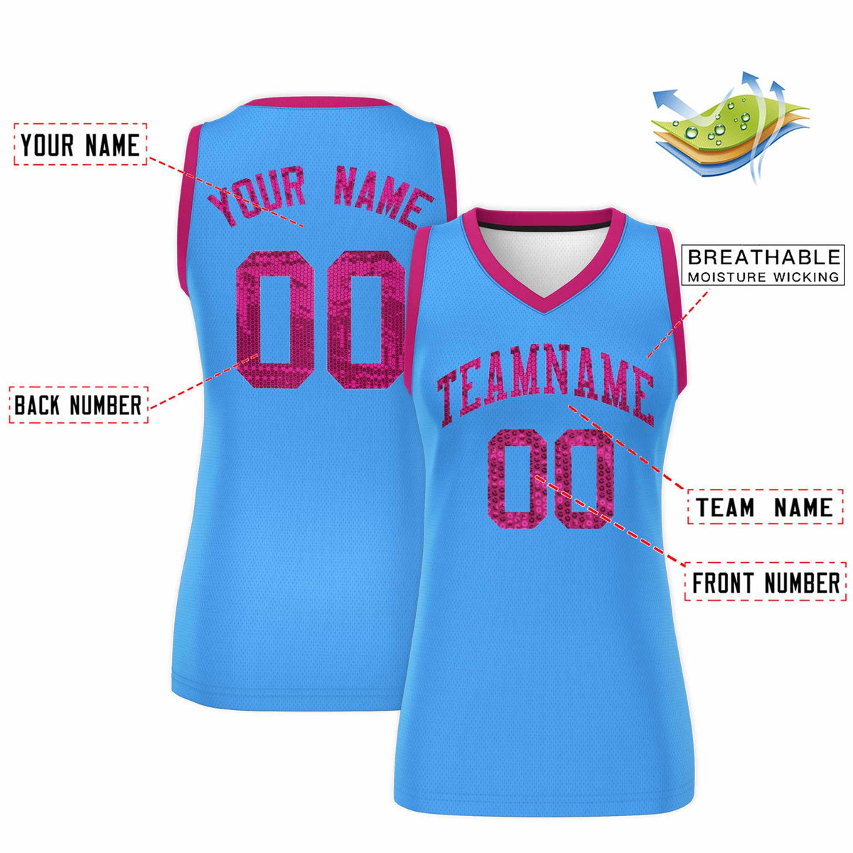 Custom Powder Blue Pink Women Basketball Jersey Sequined Dress