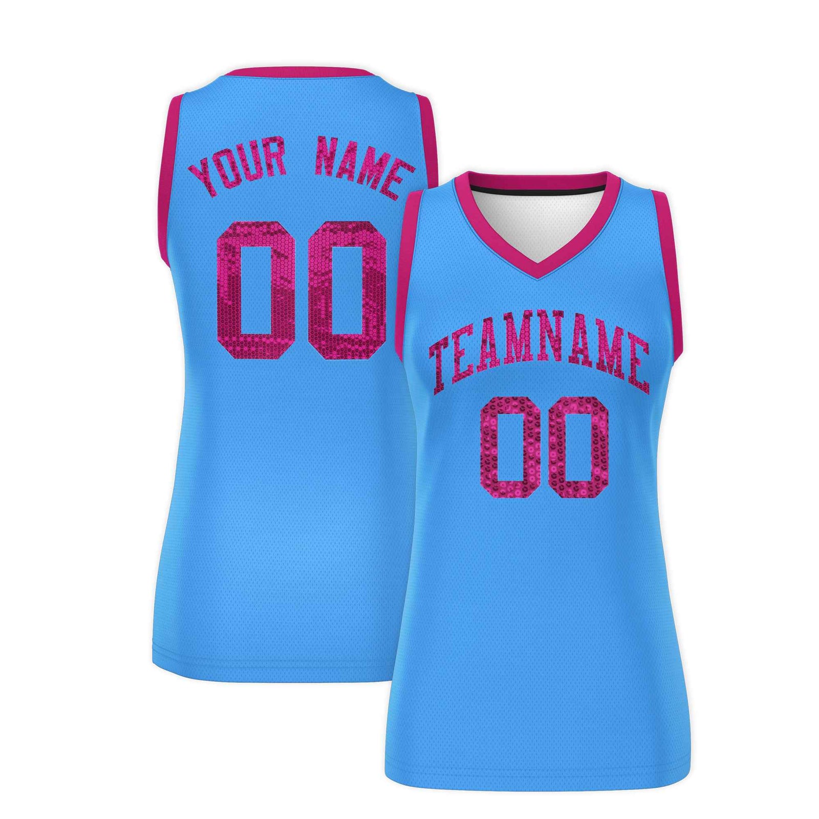 Custom Powder Blue Pink Women Basketball Jersey Sequined Dress