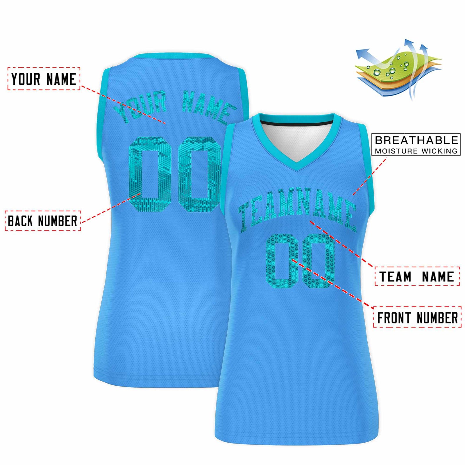 Custom Powder Blue Sky Blue Women Basketball Jersey Sequined Dress