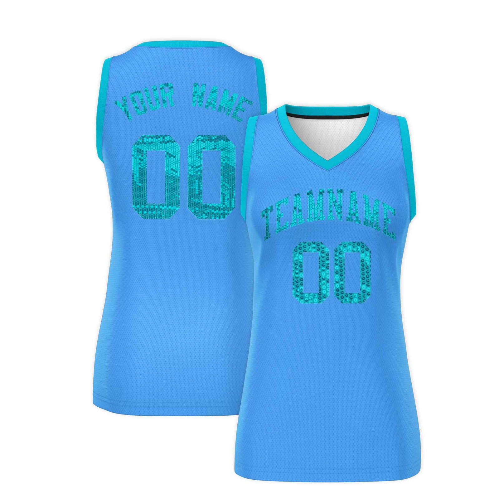 Custom Powder Blue Sky Blue Women Basketball Jersey Sequined Dress