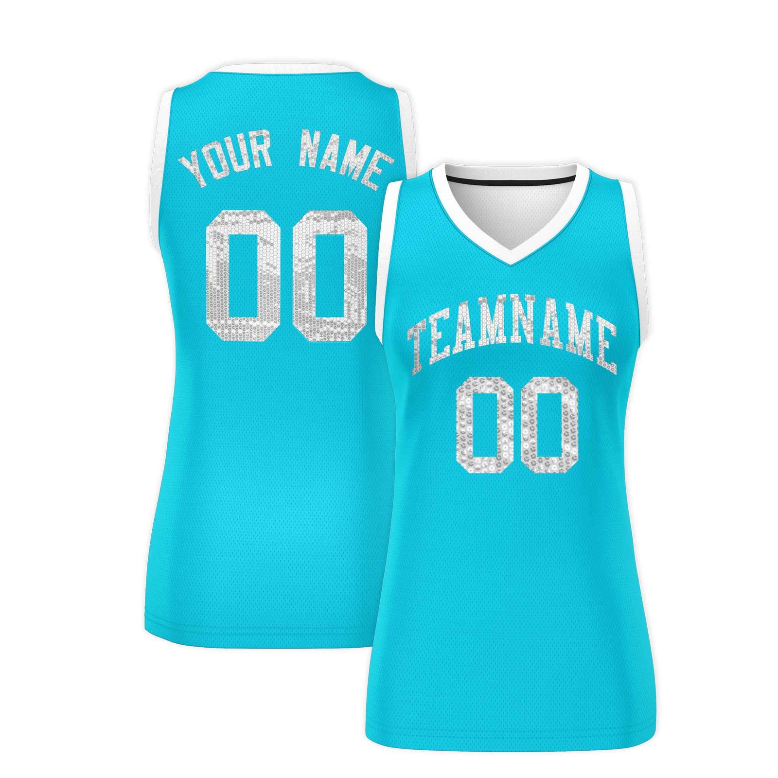 Custom Sky Blue White Women Basketball Jersey Sequined Dress