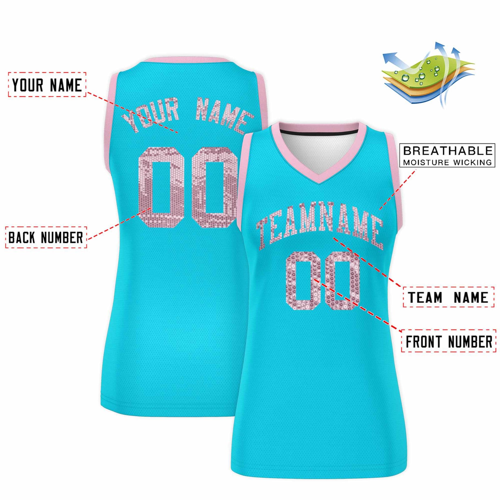 Custom Sky Blue Light Pink Women Basketball Jersey Sequined Dress