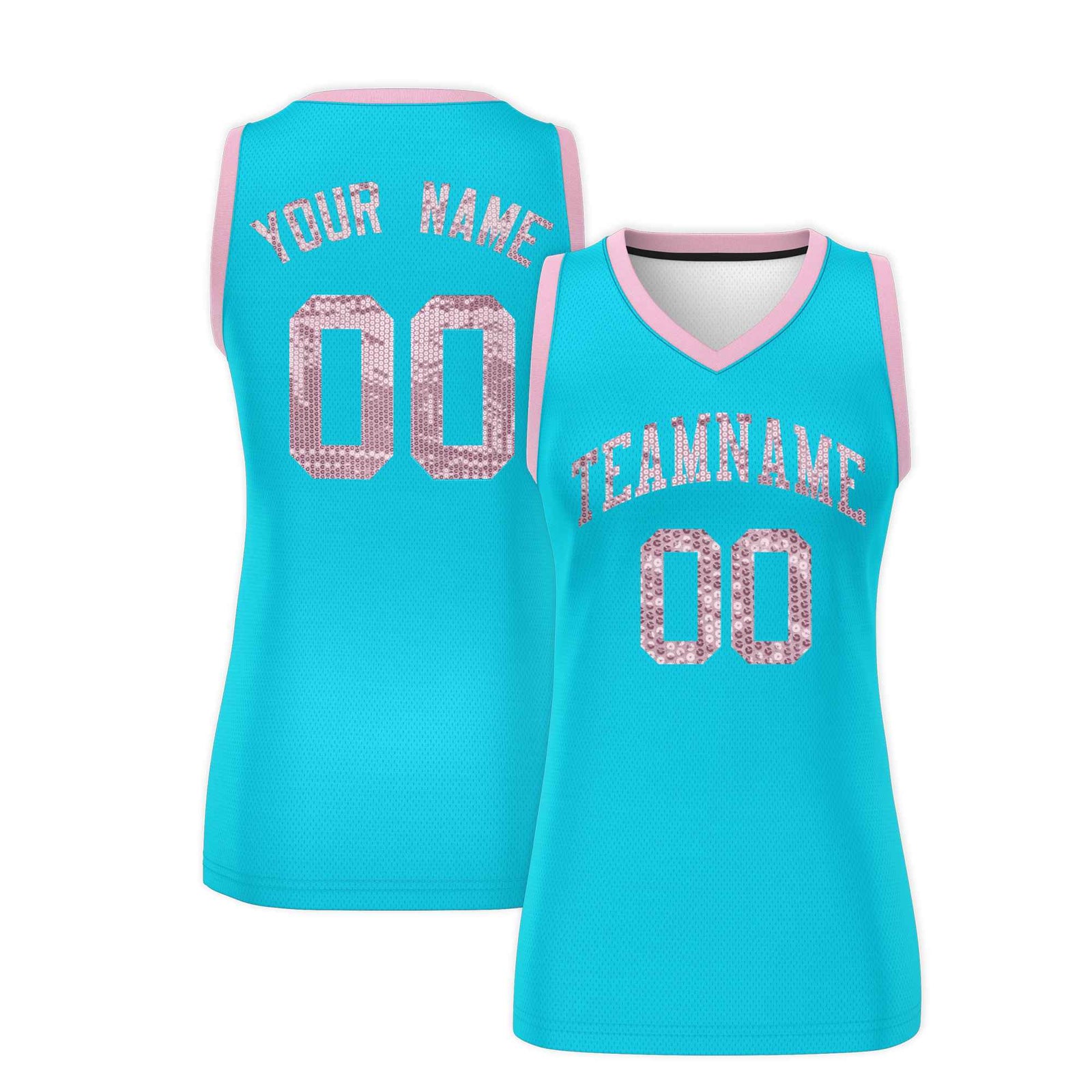 Custom Sky Blue Light Pink Women Basketball Jersey Sequined Dress