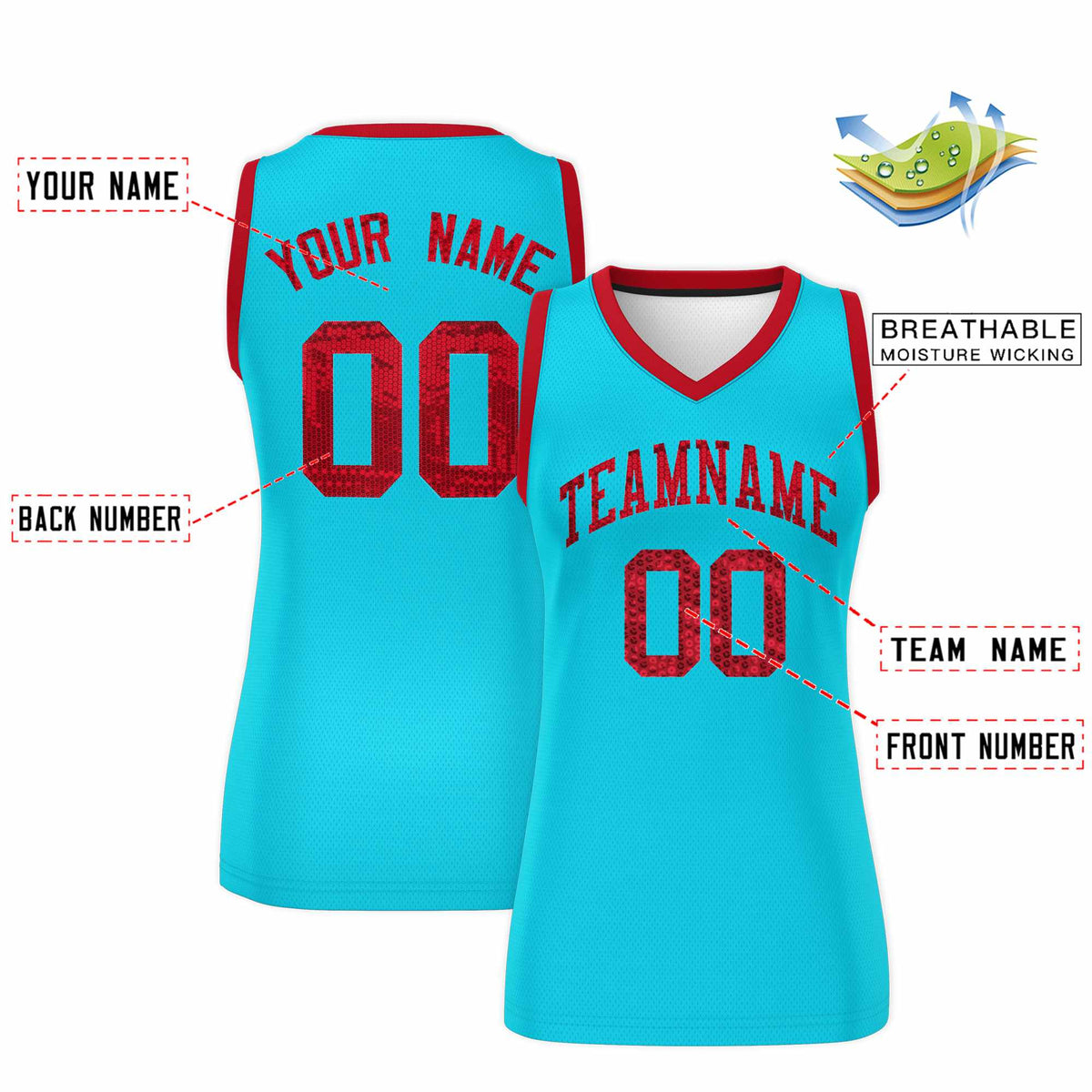 Custom Sky Blue Red Women Basketball Jersey Sequined Dress