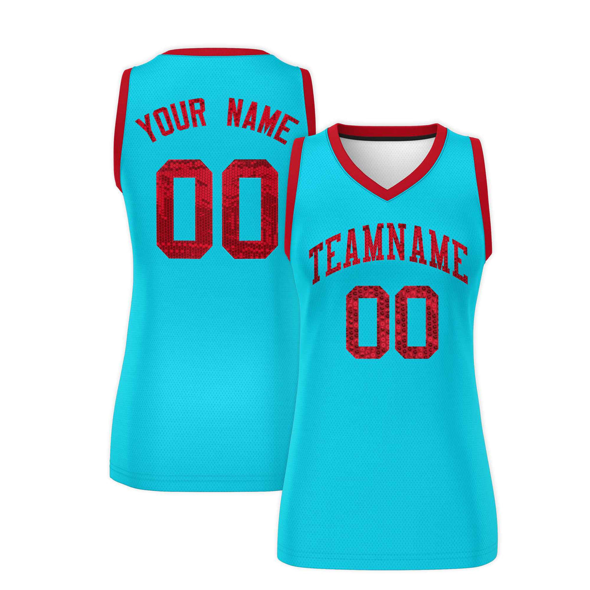 Custom Sky Blue Red Women Basketball Jersey Sequined Dress