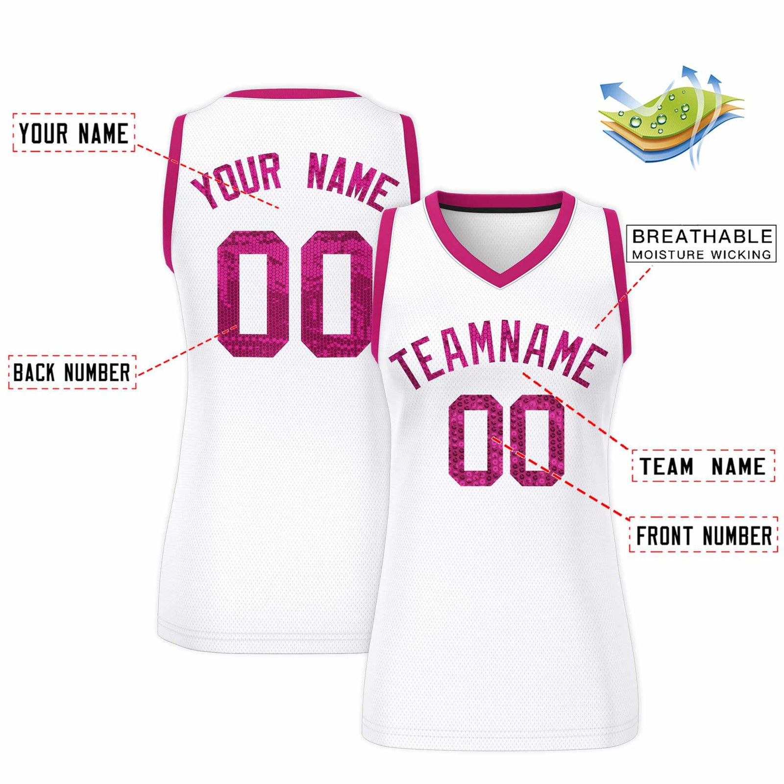 Custom White Pink Women Basketball Jersey Sequined Dress