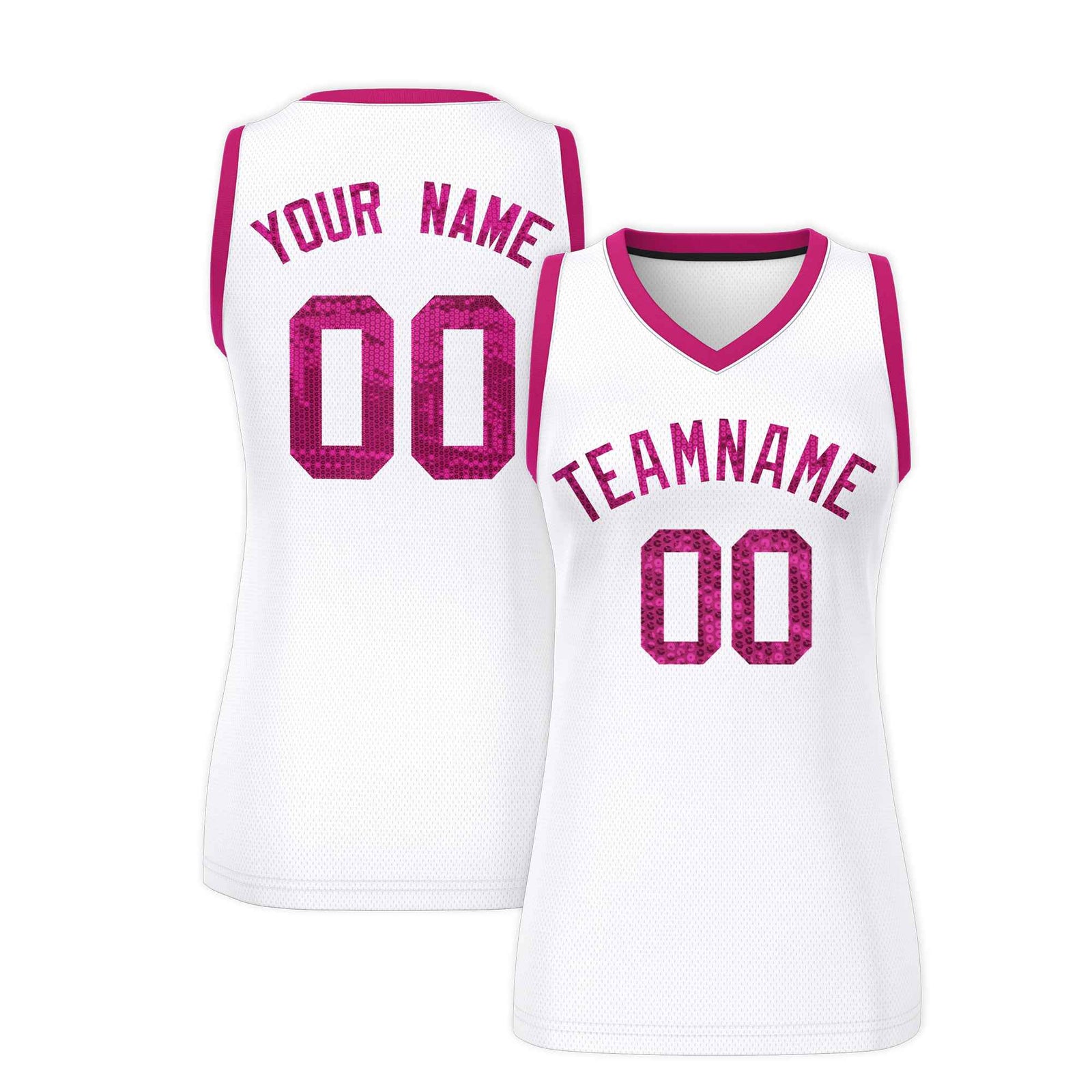 Custom White Pink Women Basketball Jersey Sequined Dress