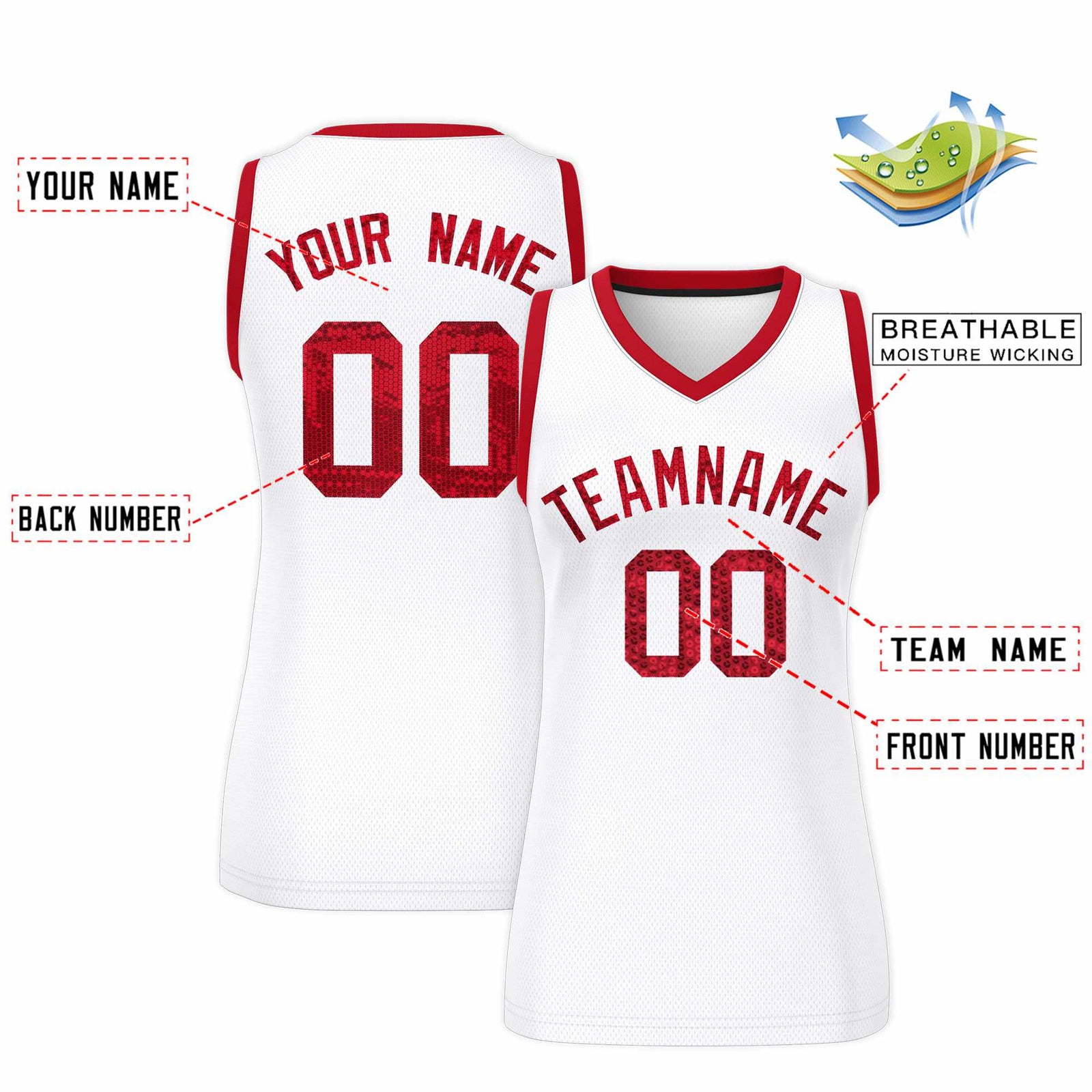 Custom White Red Women Basketball Jersey Sequined Dress