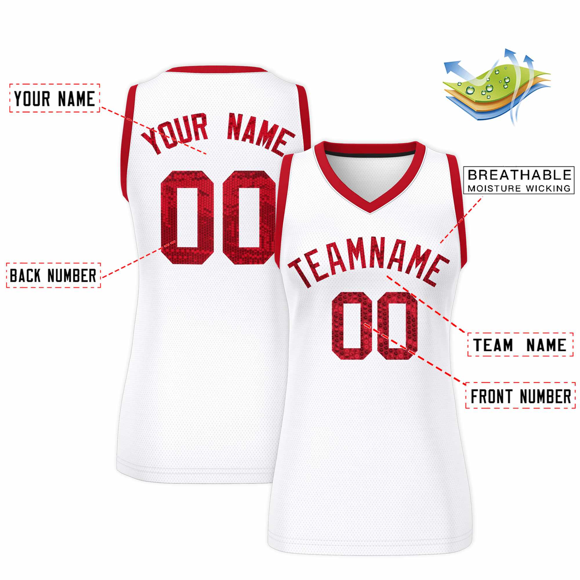 Custom White Red Women Basketball Jersey Sequined Dress