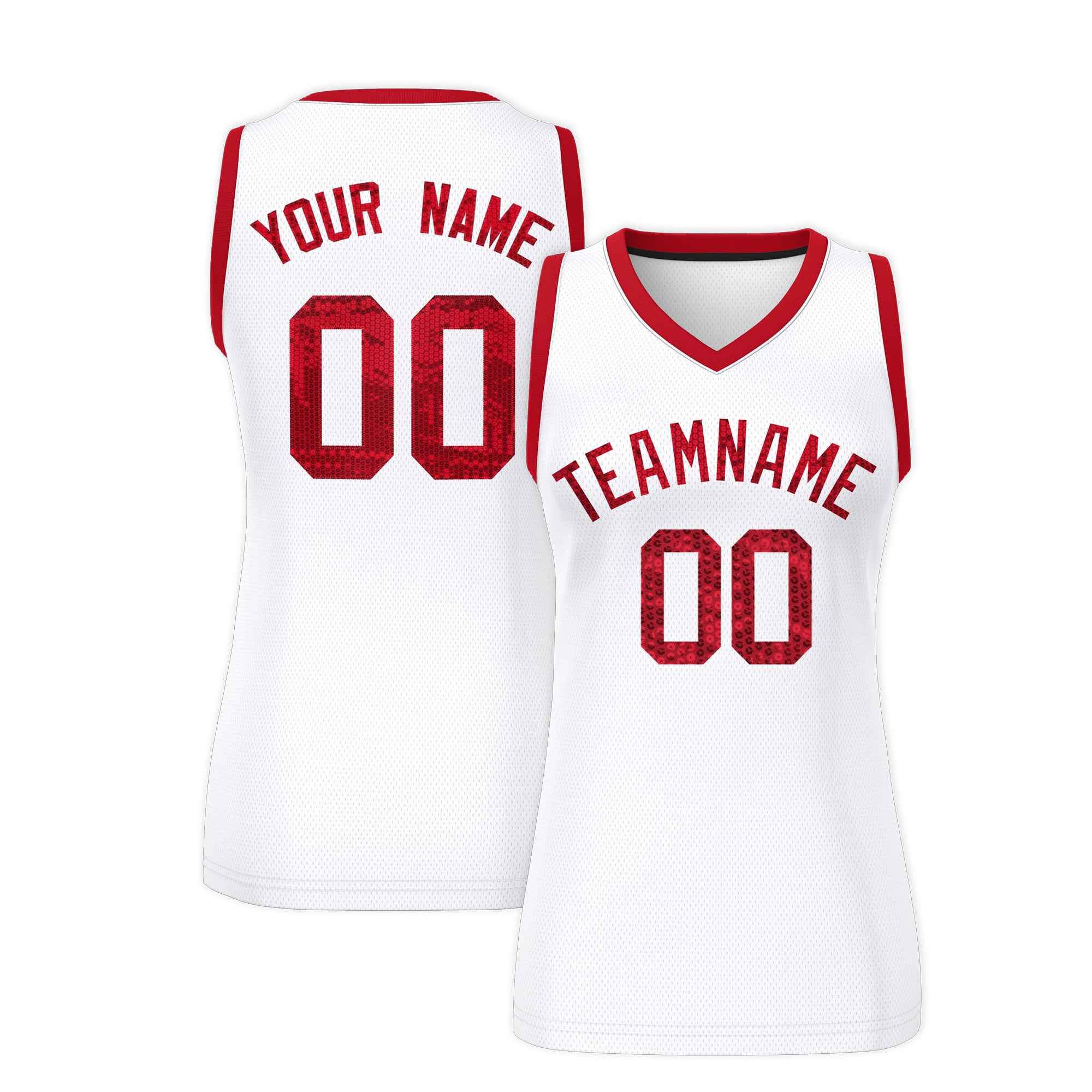 Custom White Red Women Basketball Jersey Sequined Dress