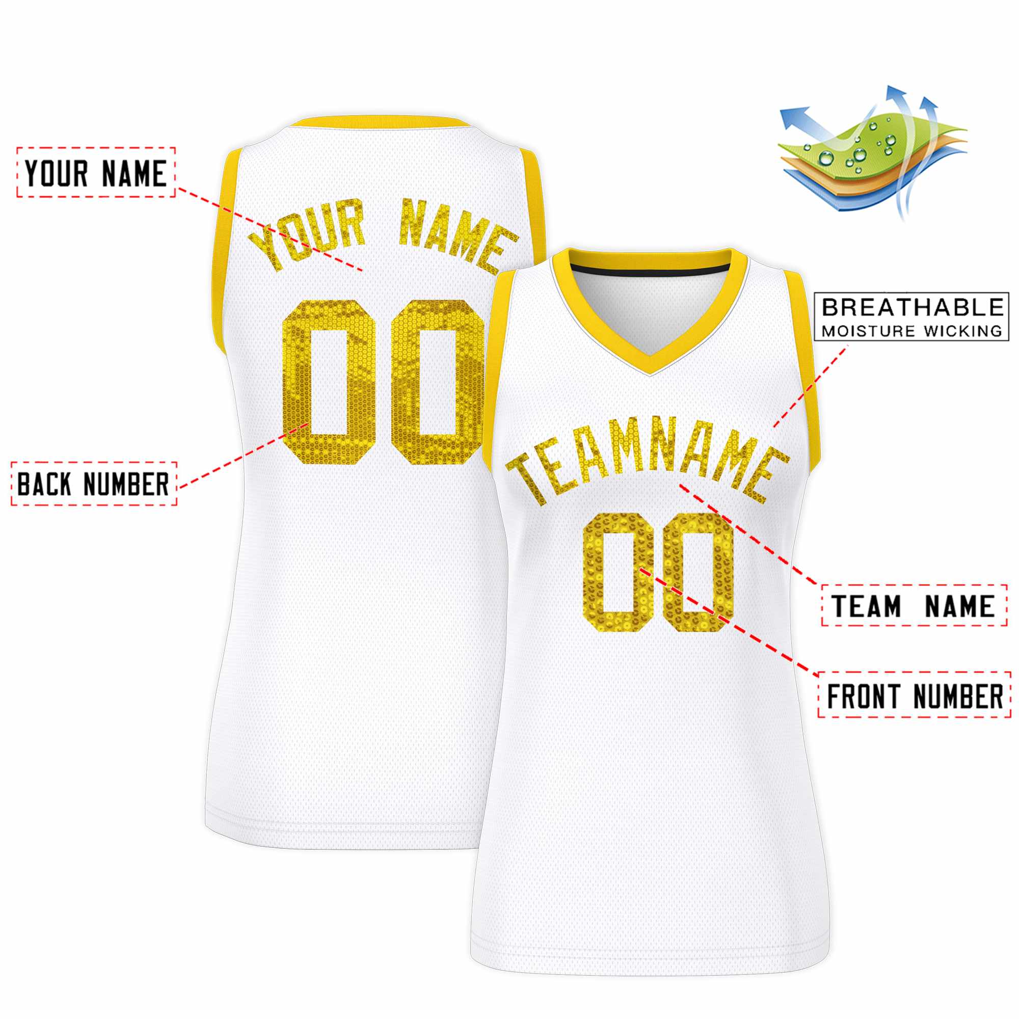 Custom White Gold Women Basketball Jersey Sequined Dress