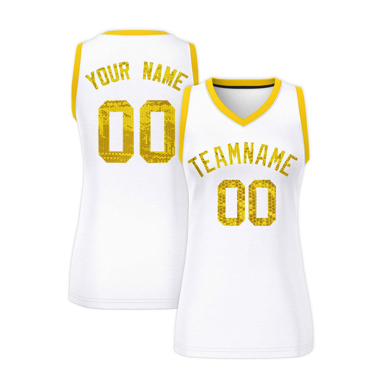 Custom White Gold Women Basketball Jersey Sequined Dress