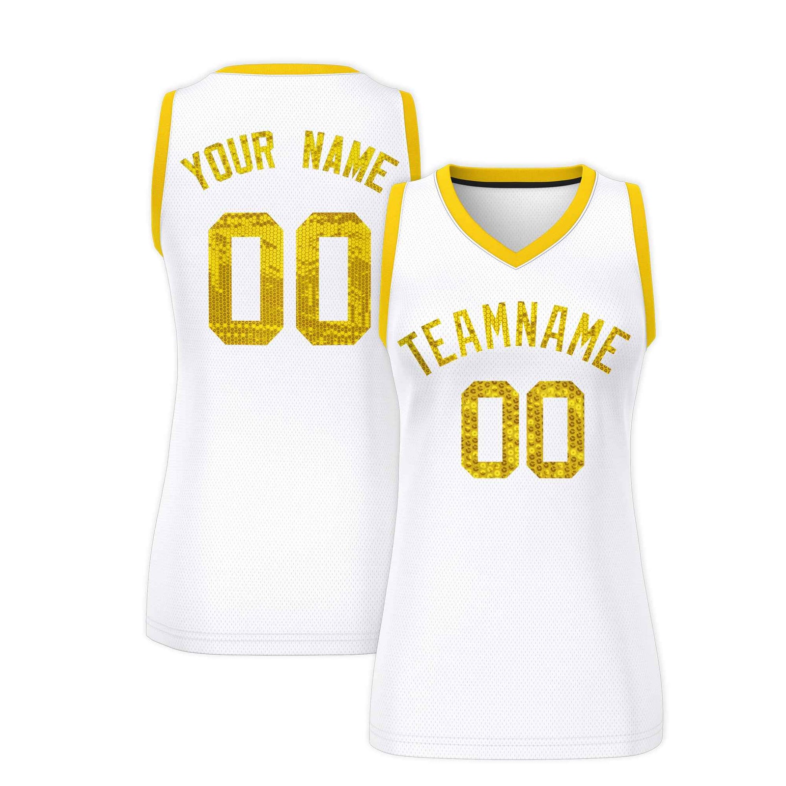 Custom White Gold Women Basketball Jersey Sequined Dress