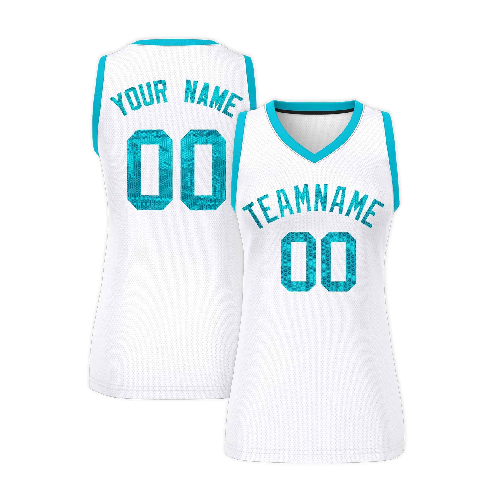 Custom White Sky Blue Women Basketball Jersey Sequined Dress