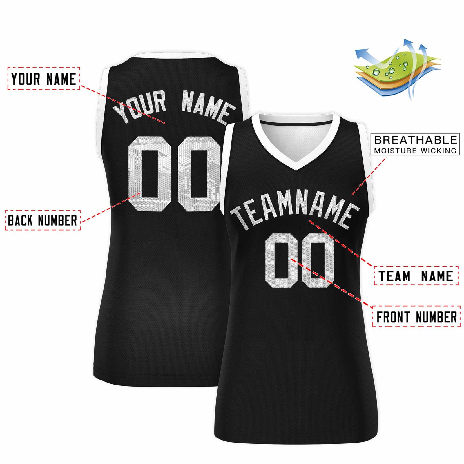 Custom Black White Women Basketball Jersey Sequined Dress