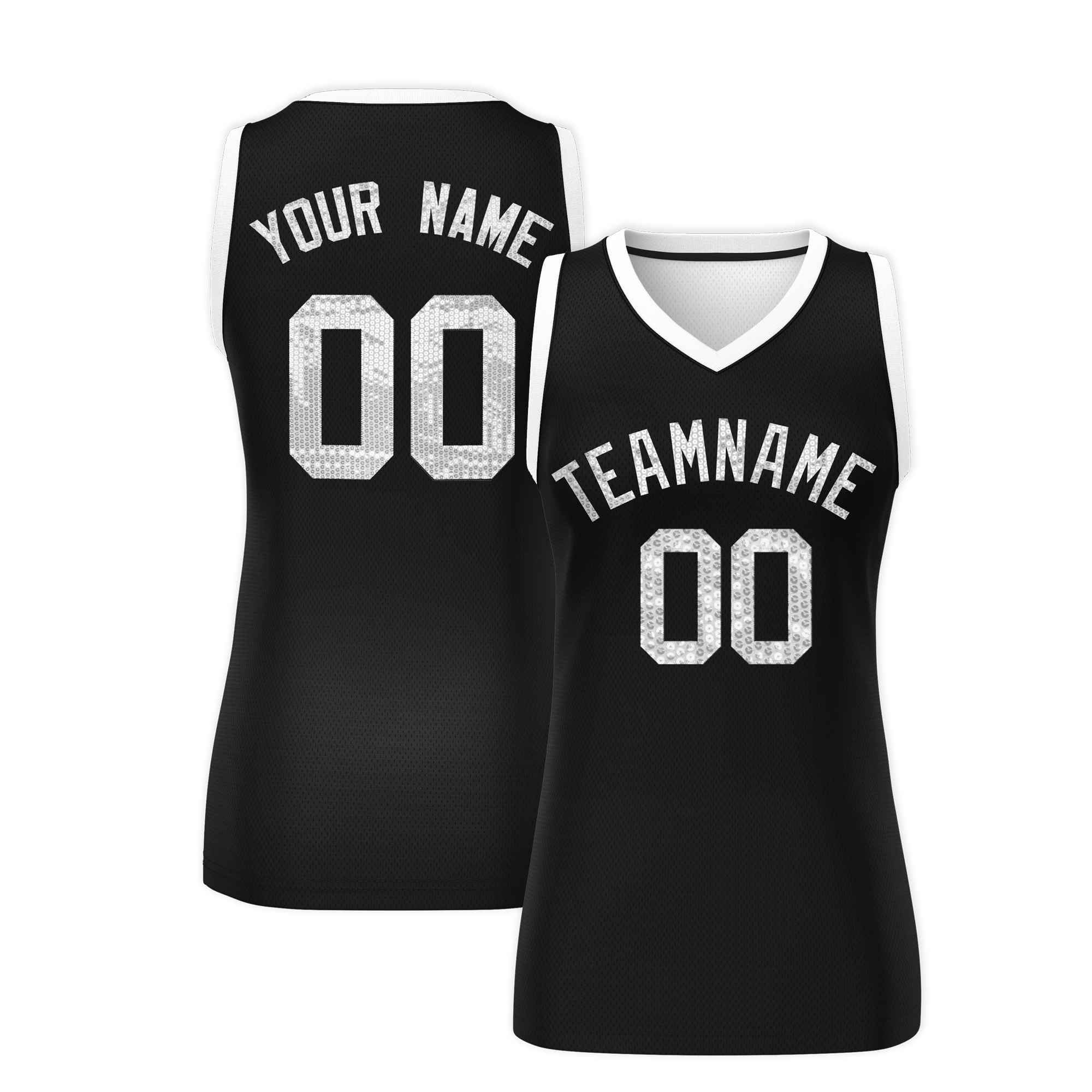Custom Black White Women Basketball Jersey Sequined Dress