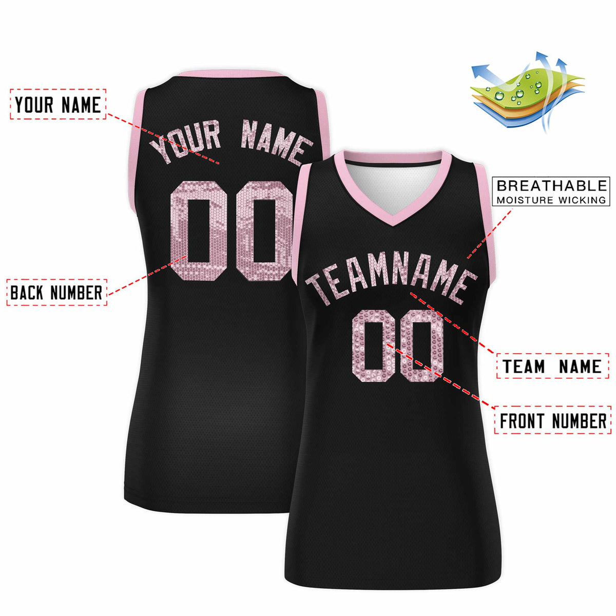 Custom Black Light Pink Women Basketball Jersey Sequined Dress
