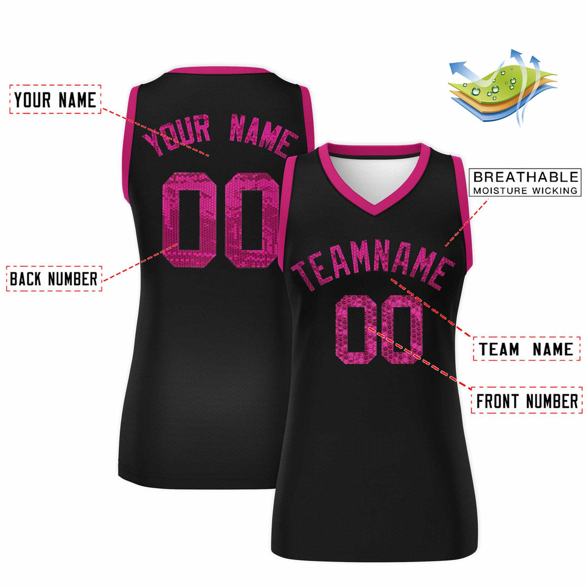 Custom Black Pink Women Basketball Jersey Sequined Dress