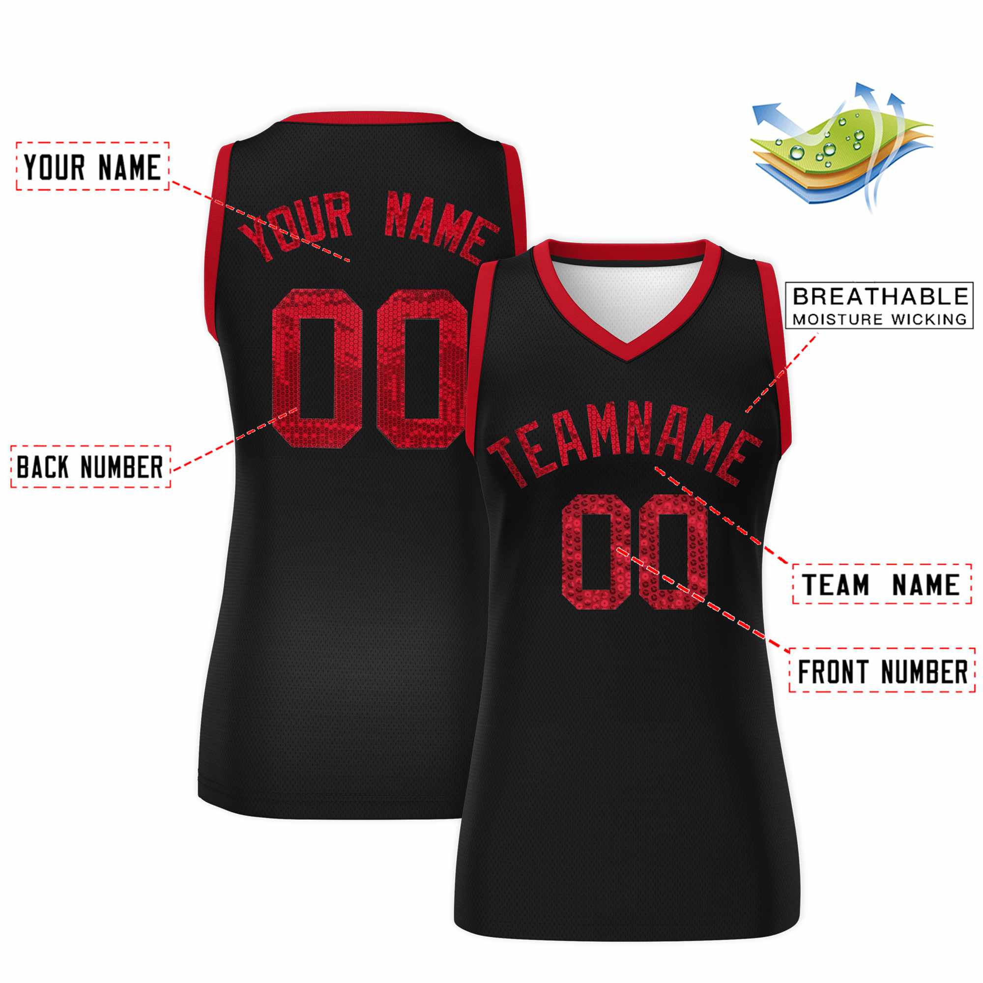 Custom Black Red Women Basketball Jersey Sequined Dress