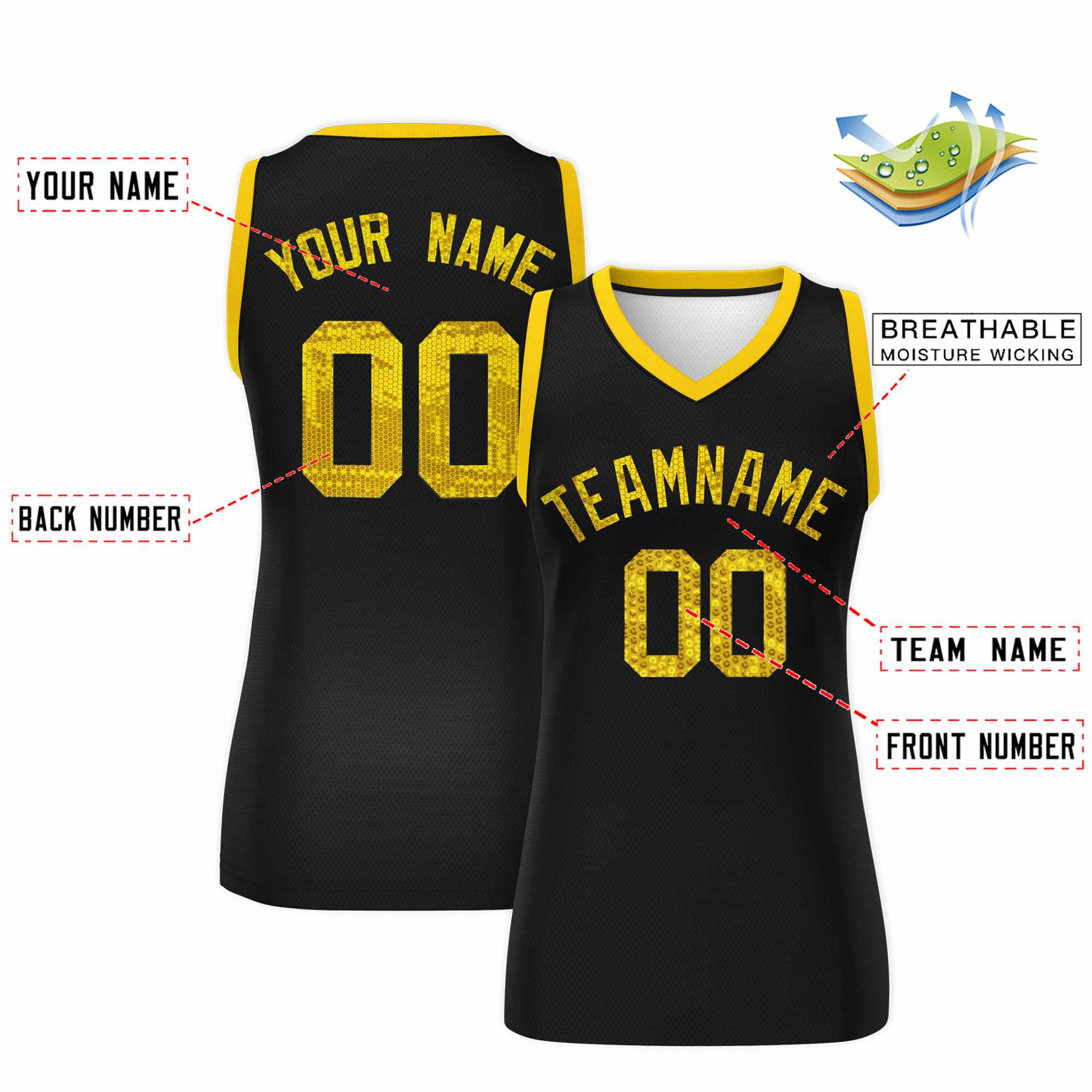 Custom Black Gold Women Basketball Jersey Sequined Dress