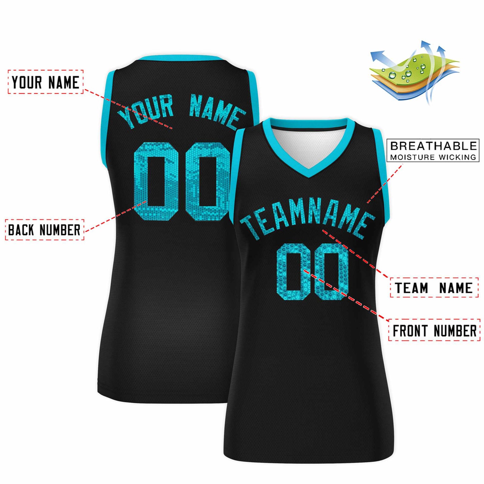 Custom Black Sky Blue Women Basketball Jersey Sequined Dress