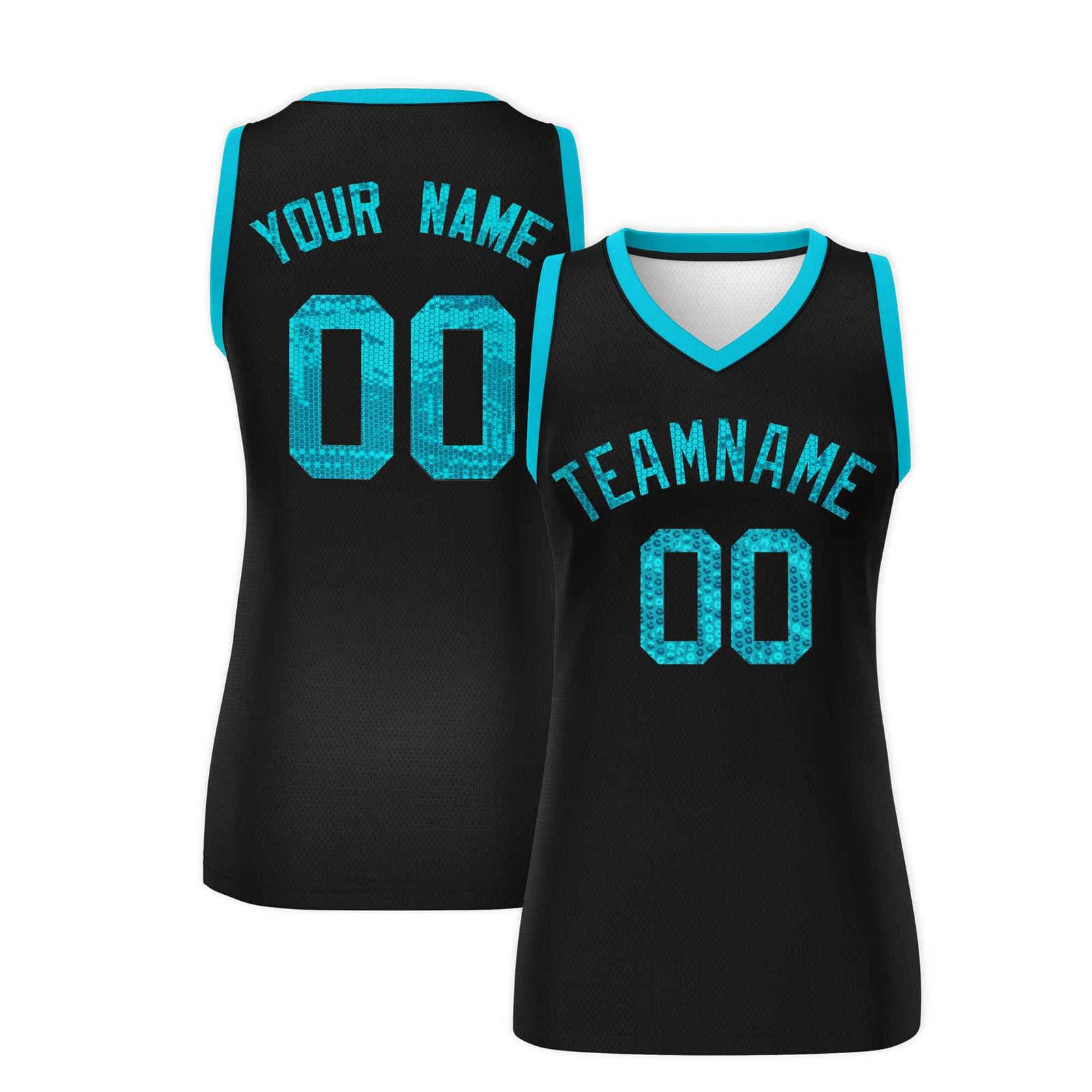 Custom Black Sky Blue Women Basketball Jersey Sequined Dress