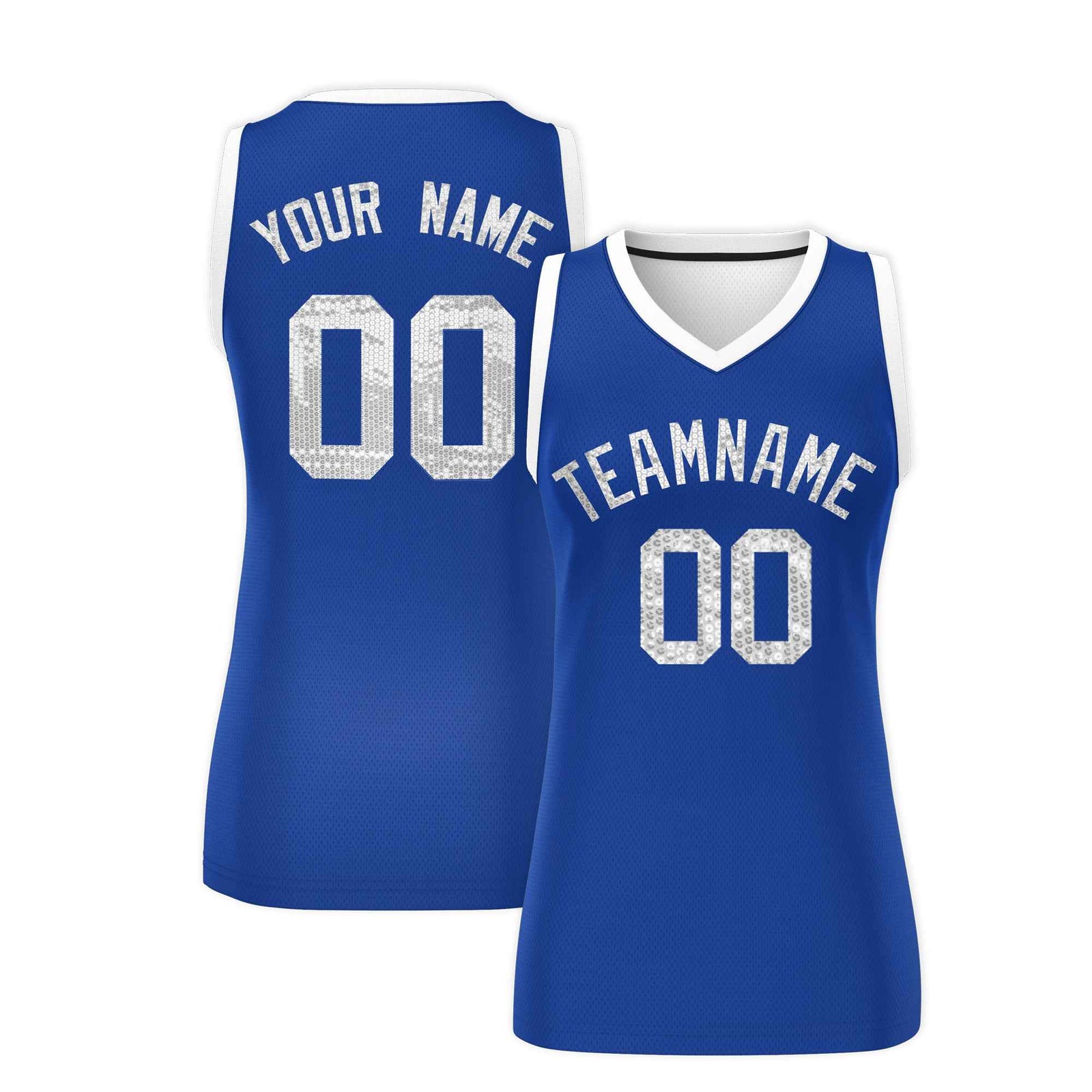 Custom Royal White Women Basketball Jersey Sequined Dress