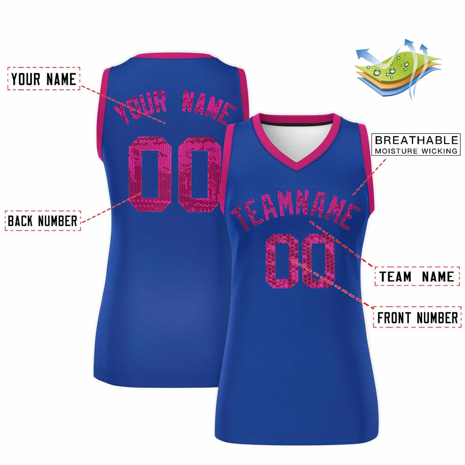 Custom Royal Pink Women Basketball Jersey Sequined Dress