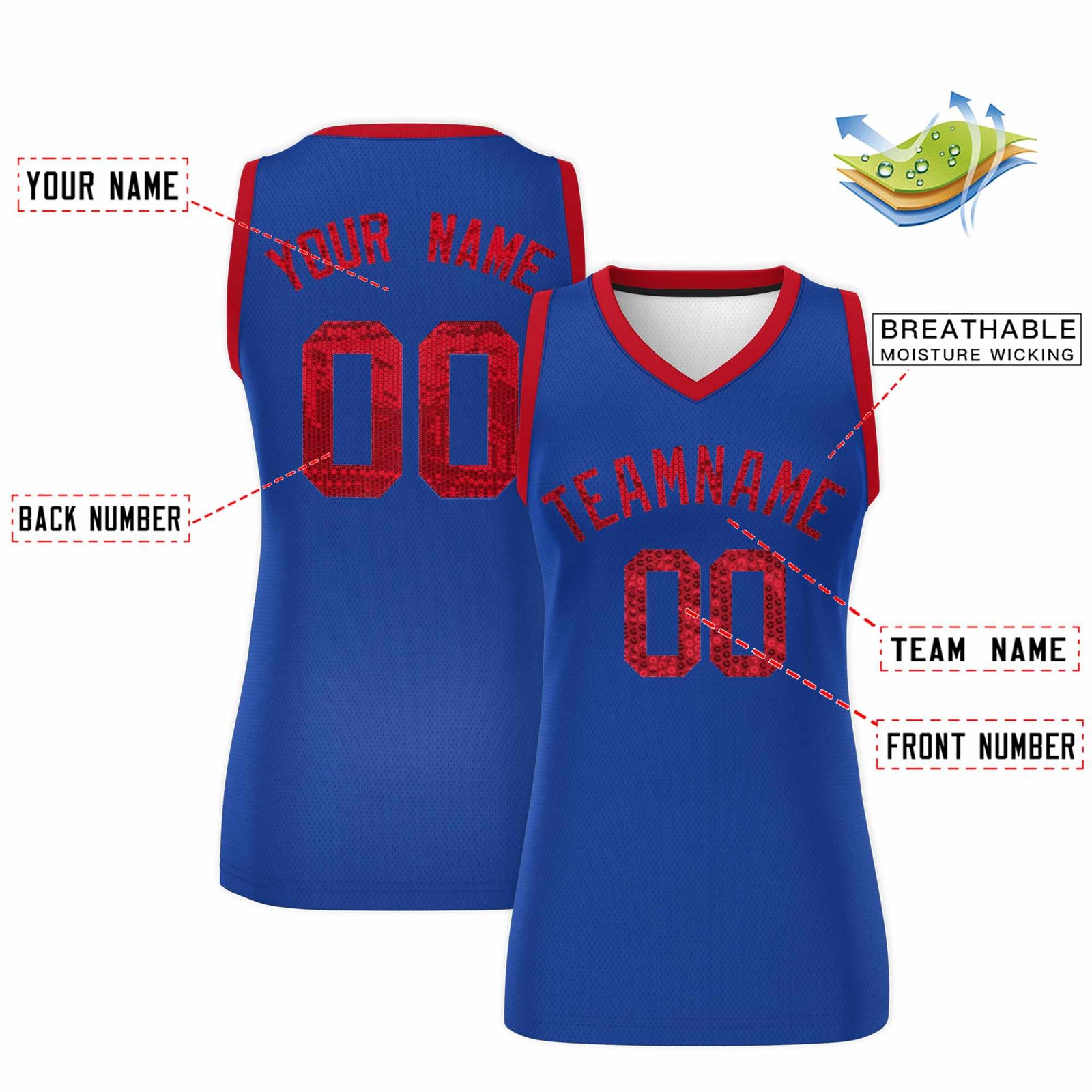 Custom Royal Red Women Basketball Jersey Sequined Dress